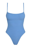 Front view of Sausalito One Piece Long swimsuit in Azure with scoop neckline, thin adjustable straps, high-leg cheeky cut, textured smocked fabric on white background