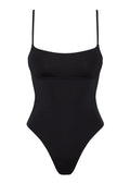 Front view of Sausalito one-piece swimsuit showcasing long-body silhouette and thin straps on white background