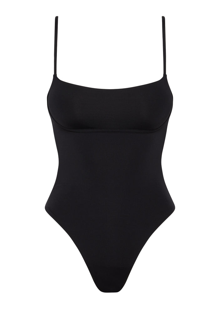 Front view of Sausalito one-piece swimsuit showcasing long-body silhouette and thin straps on white background