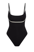 Black one-piece swimsuit with thin shoulder straps and white piping under the bust.