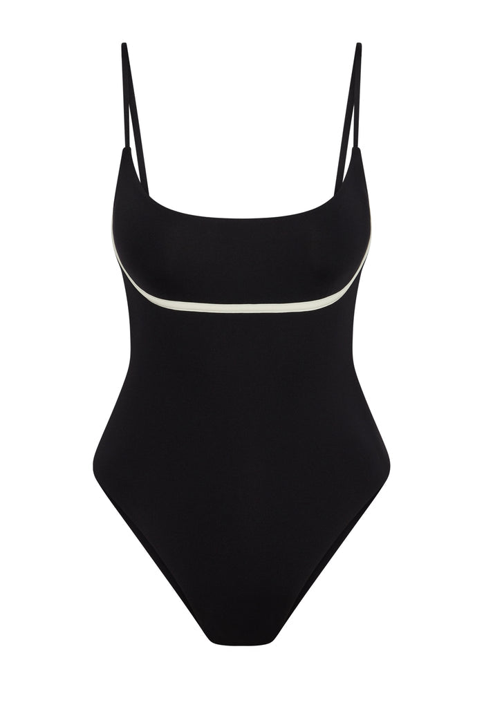 Black one-piece swimsuit with thin shoulder straps and white piping under the bust.
