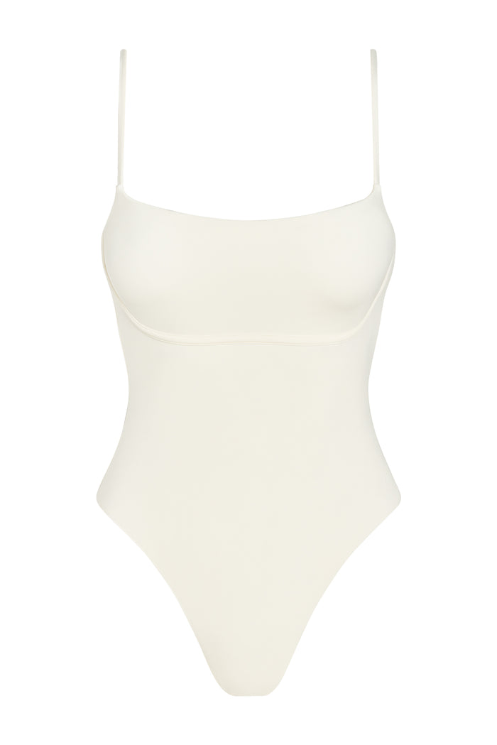 Front view of Sausalito One Piece in Ivory showcasing scoop neckline, adjustable thin straps, under-bust support and high-cut leg on white background