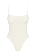 Front view of Sausalito One Piece in Ivory showcasing scoop neckline, adjustable thin straps, under-bust support and high-cut leg on white background