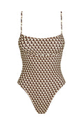 Front of Sausalito One Piece Long in Husk Geo showing scoop neckline, thin straps and brown-and-cream geometric print