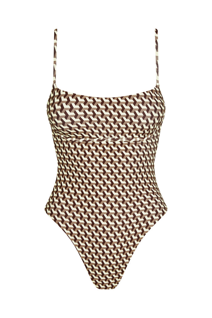 Front of Sausalito One Piece Long in Husk Geo showing scoop neckline, thin straps and brown-and-cream geometric print