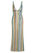 Front of Sayulita Dress (Porto Cervo multi) showing fitted crochet knit, deep V-neck and multicolor zigzag pattern