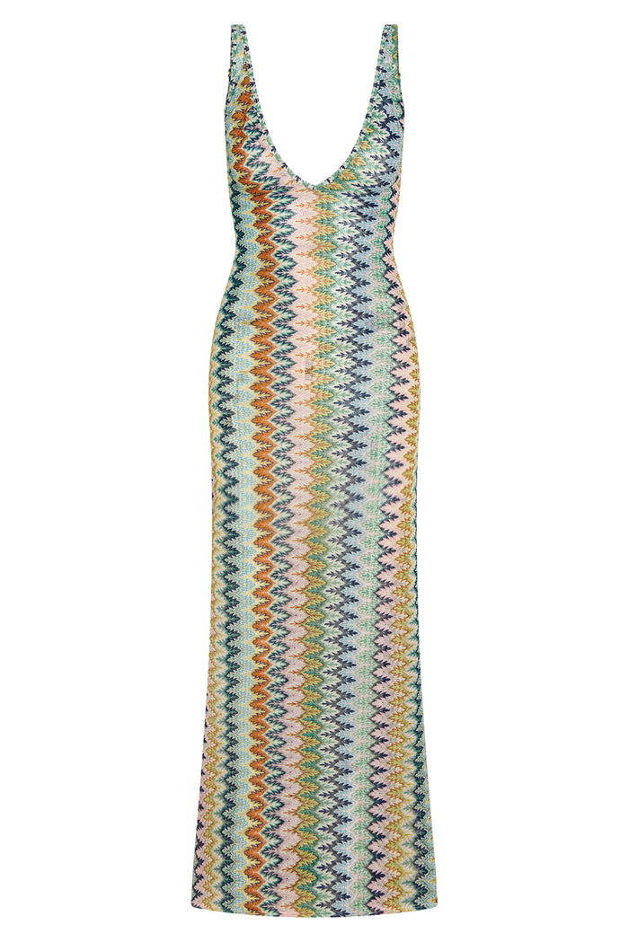 Front of Sayulita Dress (Porto Cervo multi) showing fitted crochet knit, deep V-neck and multicolor zigzag pattern