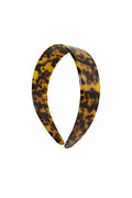 Front view of Sayulita Headband in Tortoise showcasing wide marbled acetate band and engraved gold M logo on white background