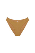 Front view of Seychelles bottom in antique gold lurex rib showing ribbed texture, high-cut leg and modest coverage on white background