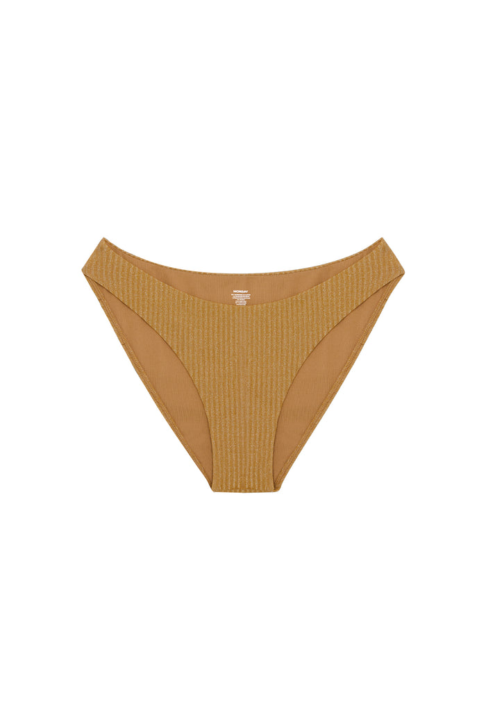Front view of Seychelles bottom in antique gold lurex rib showing ribbed texture, high-cut leg and modest coverage on white background