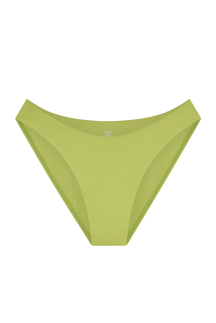 Front view of Seychelles Bottom bikini bottom in Apple green showing seamless finish and moderate coverage on white background
