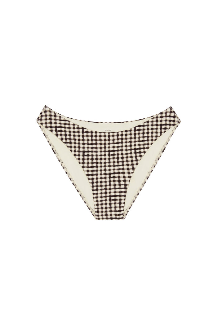 Front view of Seychelles Bottom in black gingham, mid-rise with moderate coverage, lined crinkle fabric on white background