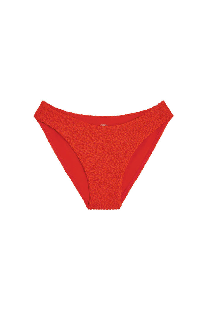 Front view of Seychelles Bottom in Chili Pepper Crinkle, textured fabric, modest mid-rise coverage, white background