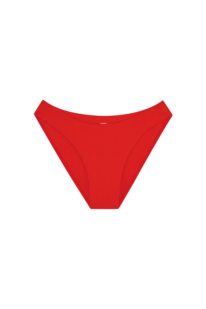 Front view of Seychelles Bottom in Chili Pepper showcasing mid-rise modest coverage and smooth fabric on white background