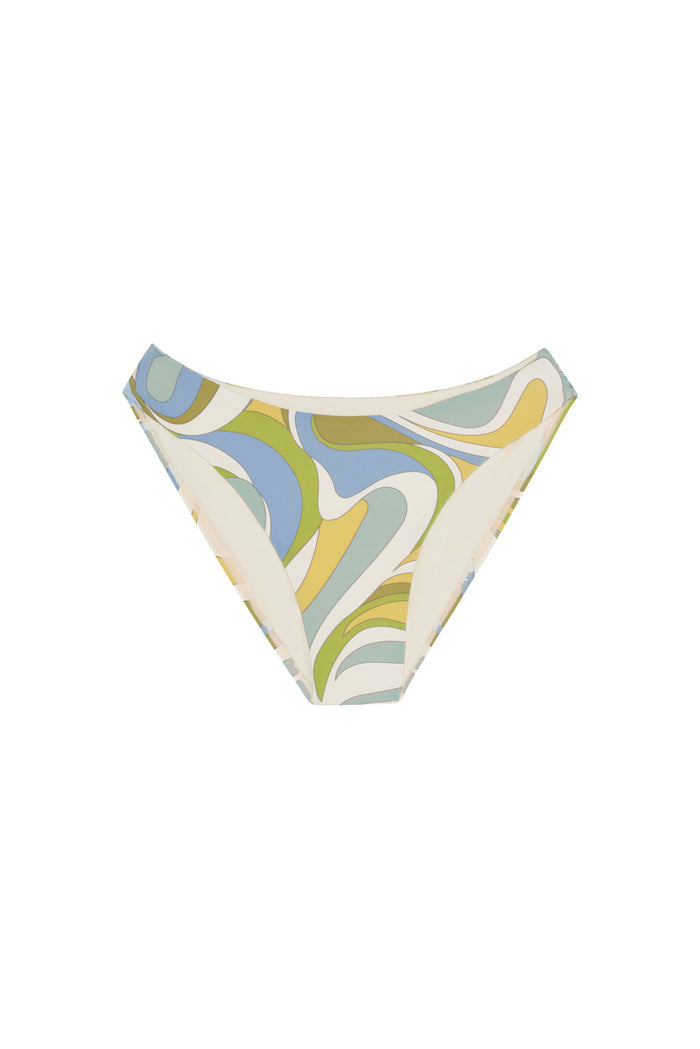 Front view of Seychelles Bottom bikini bottom showcasing retro swirl print in blue, green and yellow on white background