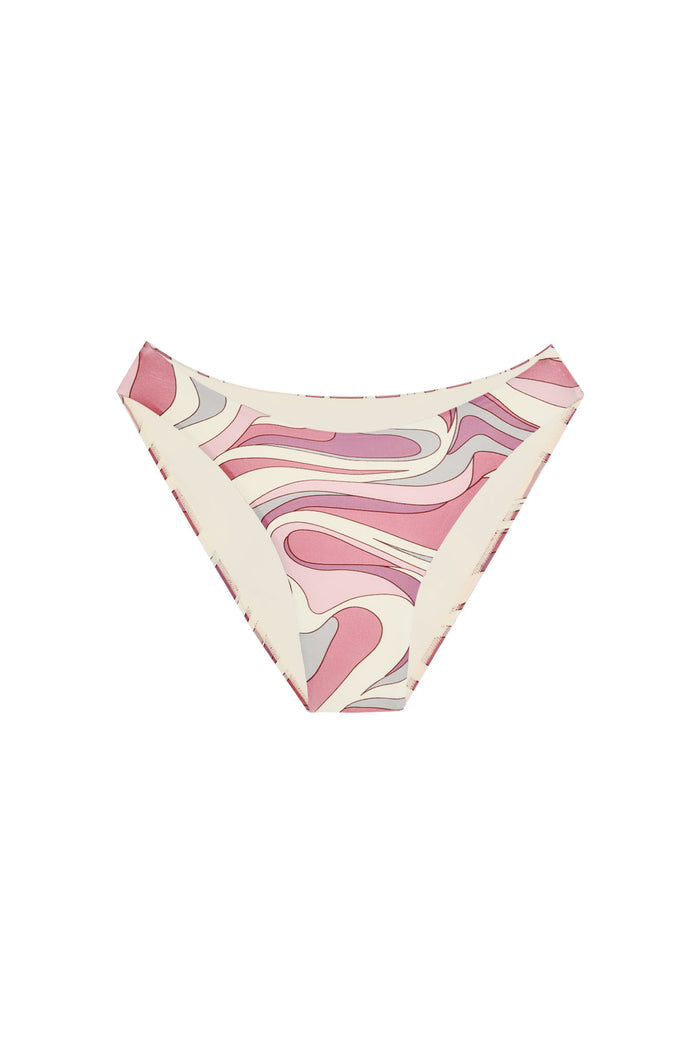 Front view of Seychelles Bottom in Costa Rei Pink showcasing mid-rise moderate coverage and pink swirled print on white background