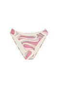 Front view of Seychelles Bottom in Costa Rei Pink showcasing mid-rise moderate coverage and pink swirled print on white background