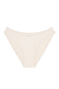 Front view of Seychelles bottom in ivory crochet showing modest coverage and textured crochet overlay on white background