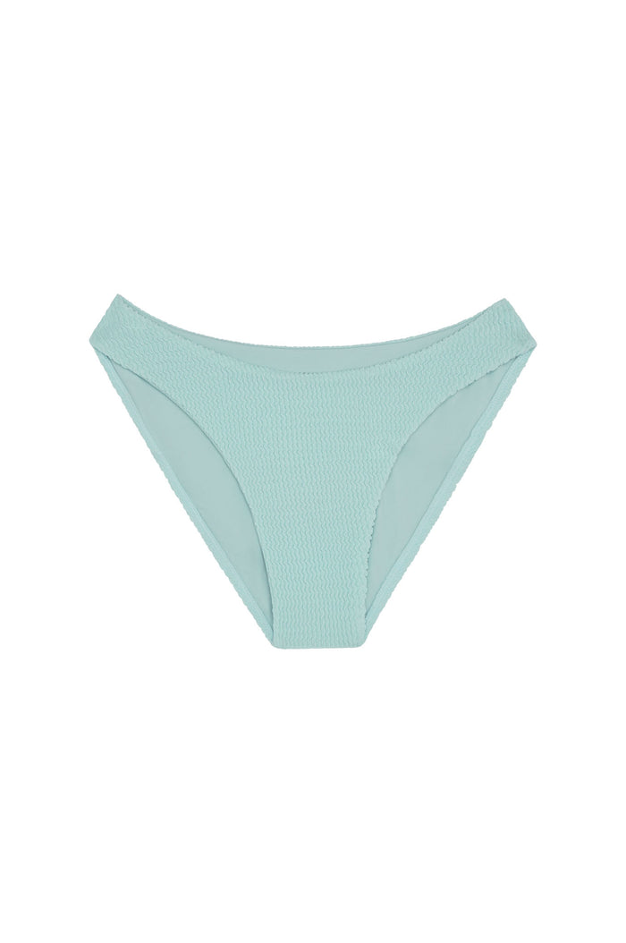 Front view of Seychelles Bottom in Light Slate Crinkle showcasing crinkle texture and mid-rise moderate coverage on white background