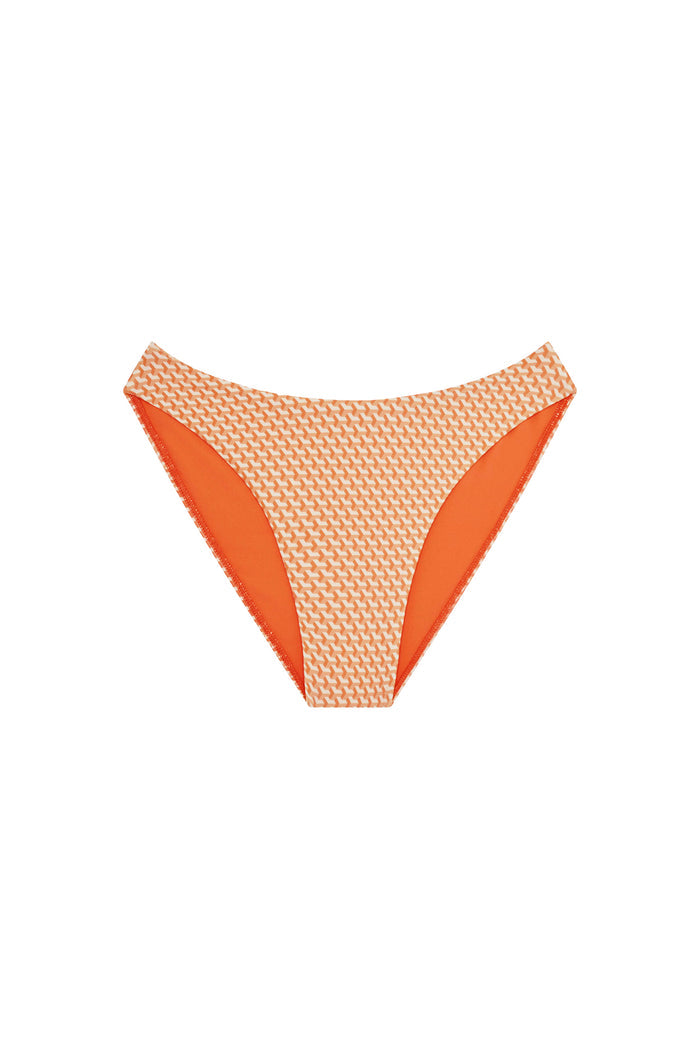 Front view of Seychelles Bottom Micro Geo bikini bottom with orange micro geo print, moderate coverage on white background
