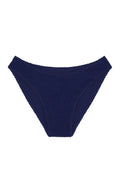 Navy smocked-texture bikini swim bottoms, mid-rise cut, isolated on white background
