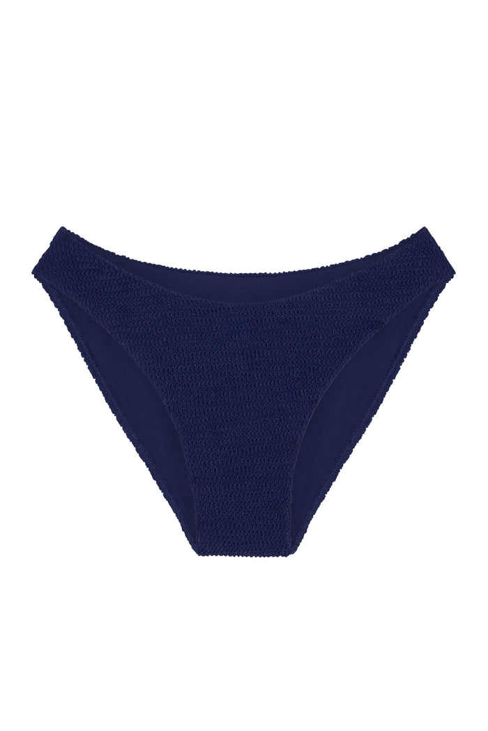 Navy smocked-texture bikini swim bottoms, mid-rise cut, isolated on white background