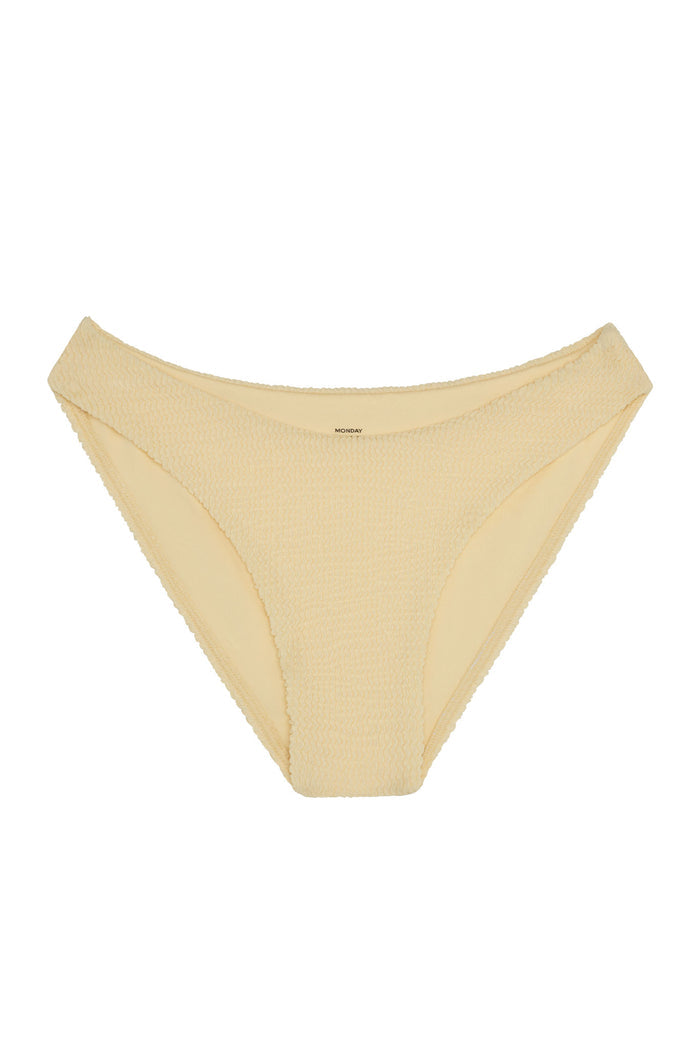 Front view of Seychelles Bottom in Raffia Crinkle showcasing textured raffia-crinkle fabric and moderate coverage with white background