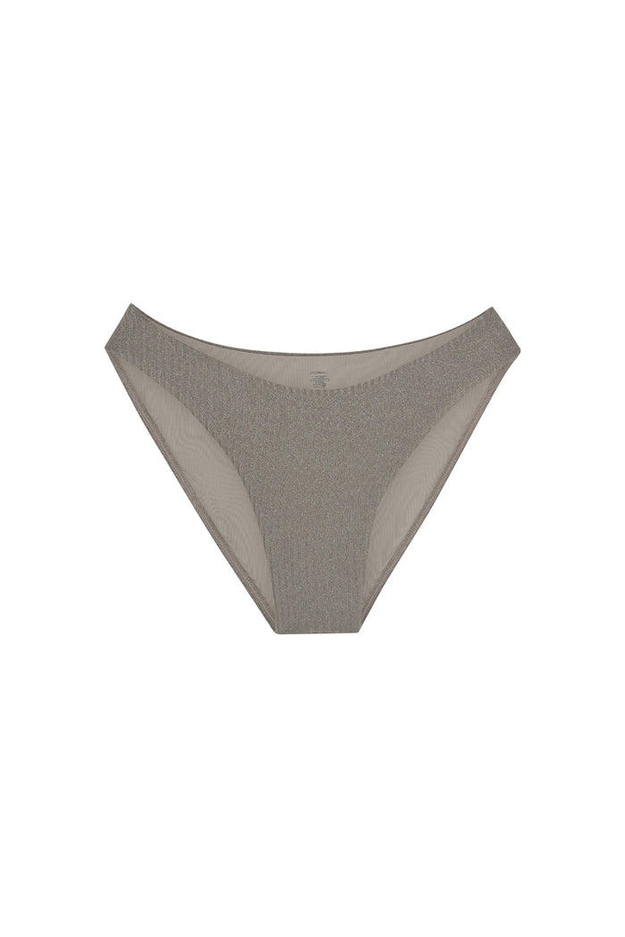 Front view of Seychelles Bottom in Steel Lurex Rib showing ribbed shimmer fabric and modest coverage on white background