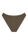 Front view of Seychelles Bottom in Stone crinkle showcasing textured crinkle fabric and high-cut leg on white background