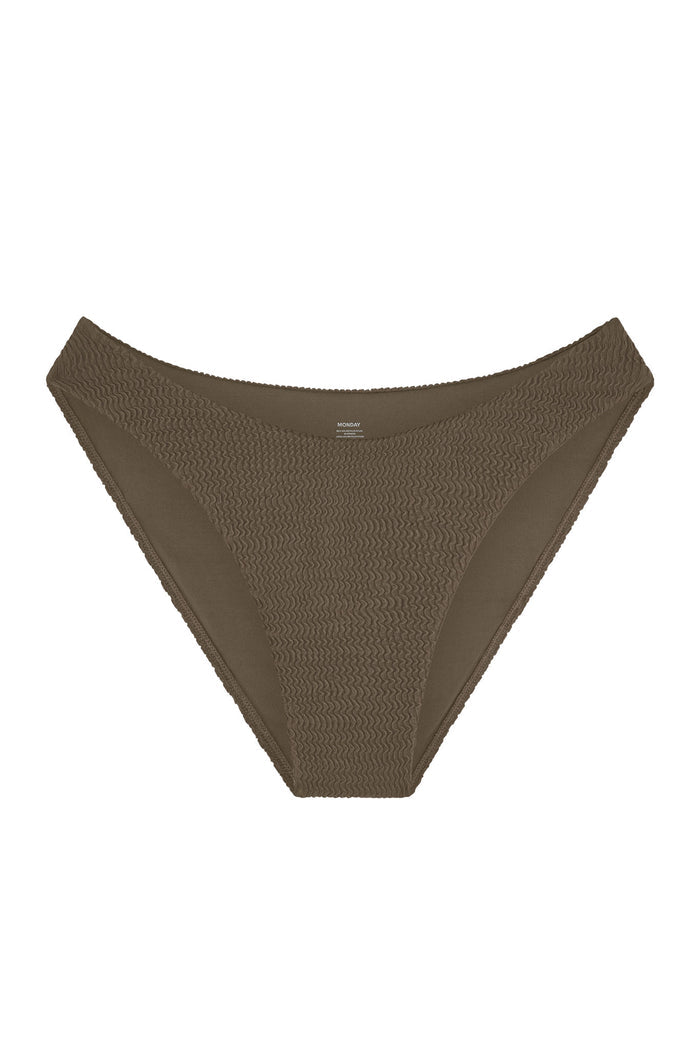 Front view of Seychelles Bottom in Stone crinkle showcasing textured crinkle fabric and high-cut leg on white background