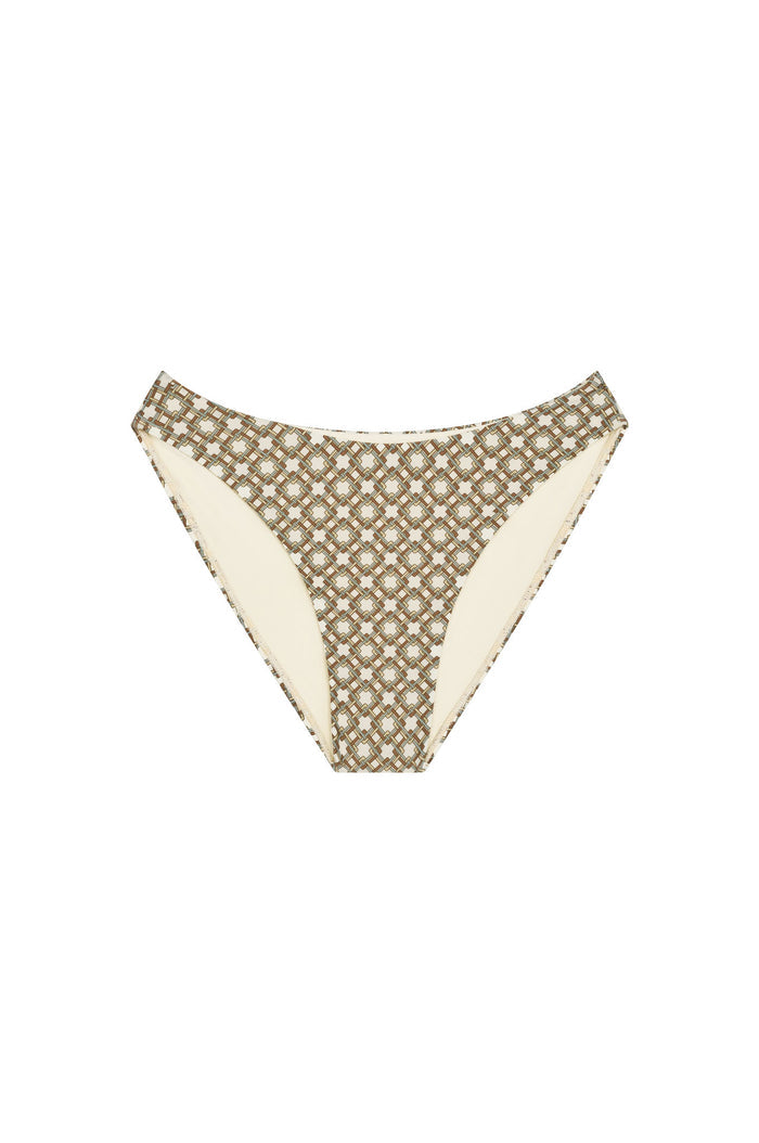 Front view of Seychelles Bottom in Tile Geo print showcasing high-cut bikini bottom with cream and brown geometric tile pattern on white background