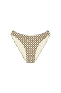 Front view of Seychelles Bottom in Tile Geo print showcasing high-cut bikini bottom with cream and brown geometric tile pattern on white background