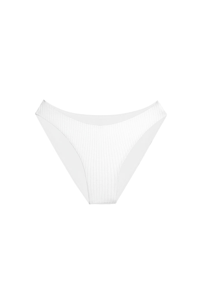 Front view of Seychelles Bottom in optic white rib showing mid-rise moderate coverage and ribbed texture on white background