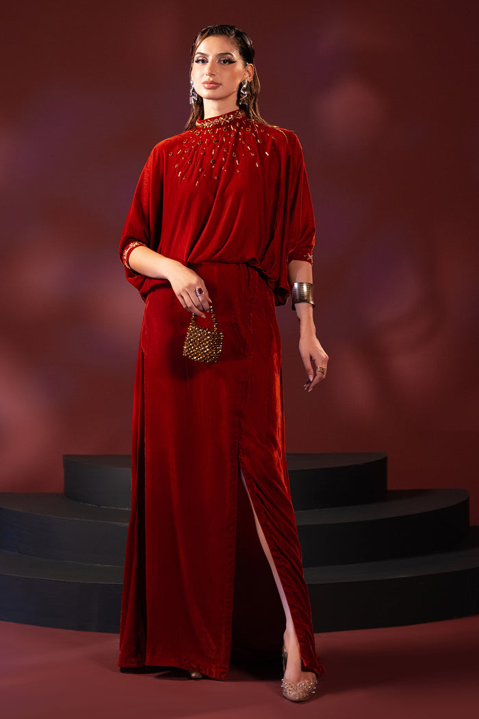 Shayna blood orange velvet kaftan by NAQSHI, full front view of draped embellished long kaftan dress with side slit and waist bead belt, ready to wear 1-piece formal evening outfit.