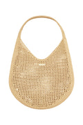 Front view of Shell Beach Bag in Natural showcasing open woven texture, wide shoulder strap and MONDAY logo tag on white background