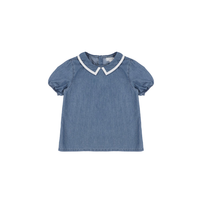 SHORT SLEEVES DENIM TRIM COLLAR TOP