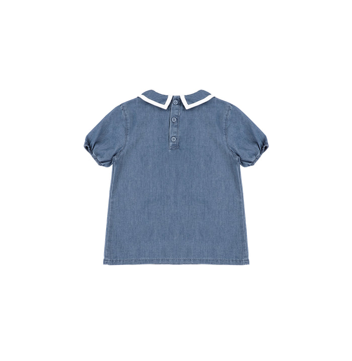 SHORT SLEEVES DENIM TRIM COLLAR TOP