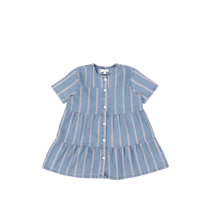SHORT SLEEVES RED STRIPE TIERED DRESS