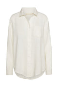Ivory long-sleeve linen button-up shirt with chest pocket; collar label reads MONDAY.
