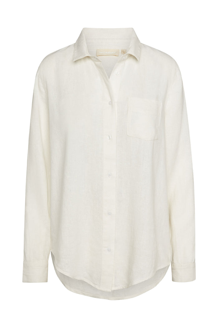 Ivory long-sleeve linen button-up shirt with chest pocket; collar label reads MONDAY.