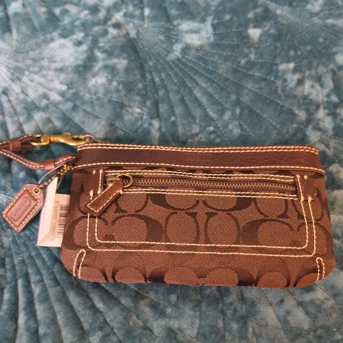 Coach Signature C Wristlet Wallet Brown – Canvas & Leather Trim Zip Handbag, NWT