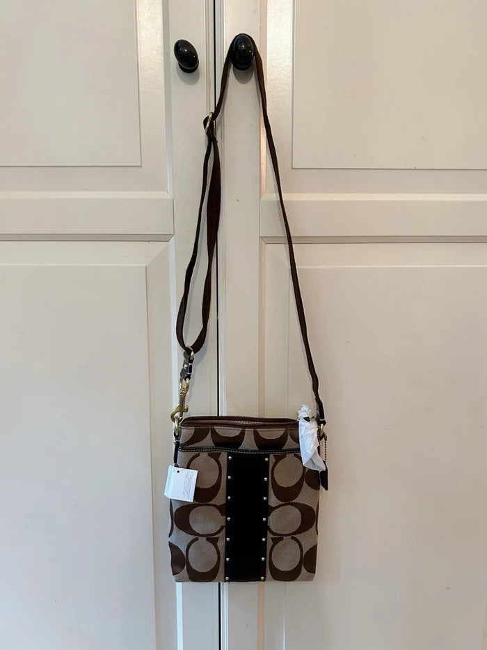 Coach Signature Logo Studded Crossbody Bag – Brown/Beige Small Designer Shoulder Purse, Authentic