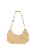 Front view of Siracusa bag in natural raffia showcasing gold chain strap and gold MONDAY logo plate on white background