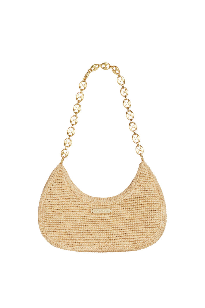 Front view of Siracusa bag in natural raffia showcasing gold chain strap and gold MONDAY logo plate on white background