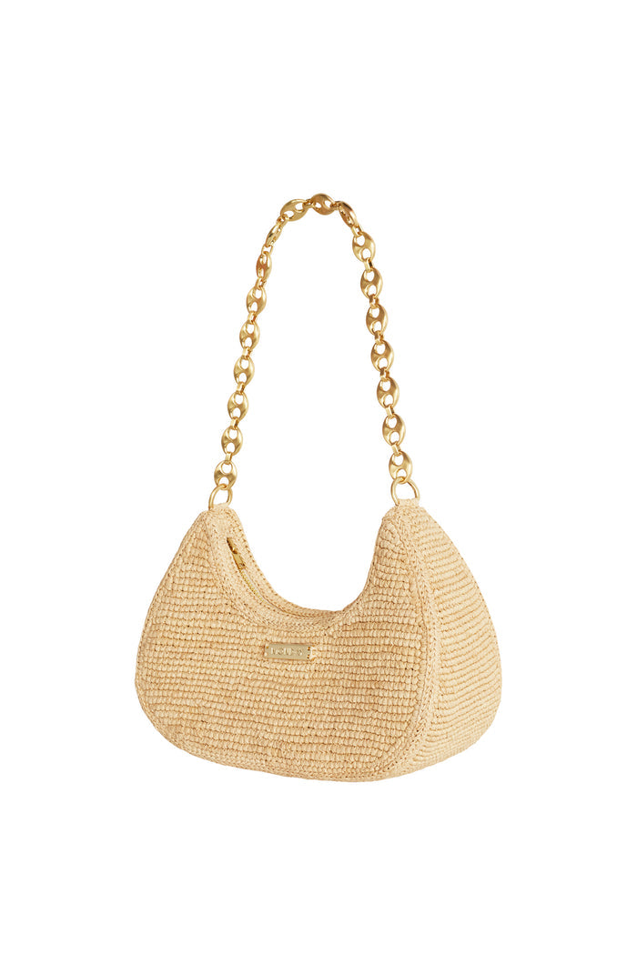 Angled front view of Siracusa bag in natural raffia showcasing gold chain strap and MONDAY logo plate on white background