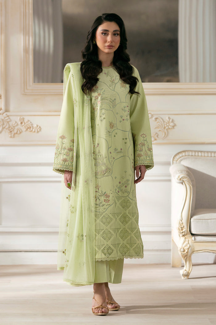 NAQSHI Sitara pistachio cambric straight shirt with heavily embroidered round neckline, sequined and lace‑trimmed hem and sleeves, matched with cambric pants