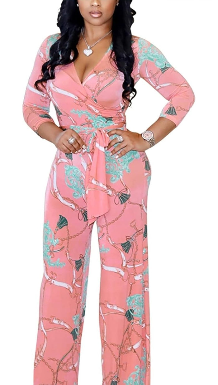 Small Jumpsuits for Women Elegant Print High Waist Sexy V Neck Wide Leg