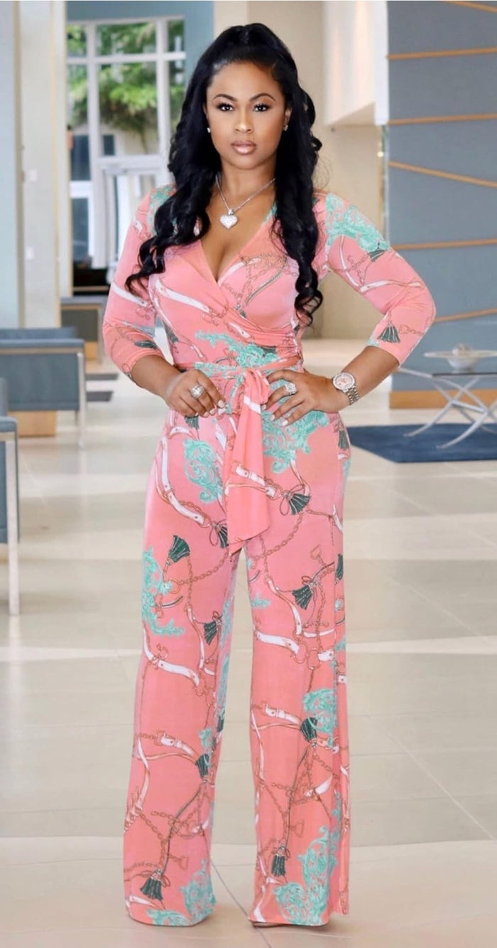 Small Jumpsuits for Women Elegant Print High Waist Sexy V Neck Wide Leg