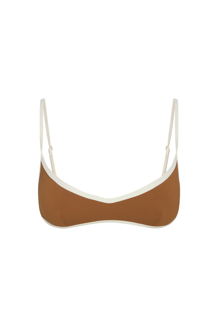 Front view of Soho Bra in caramel with ivory trim, V neckline and adjustable shoulder straps on white background