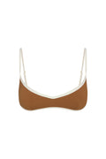 Front view of Soho Bra in caramel with ivory trim, V neckline and adjustable shoulder straps on white background